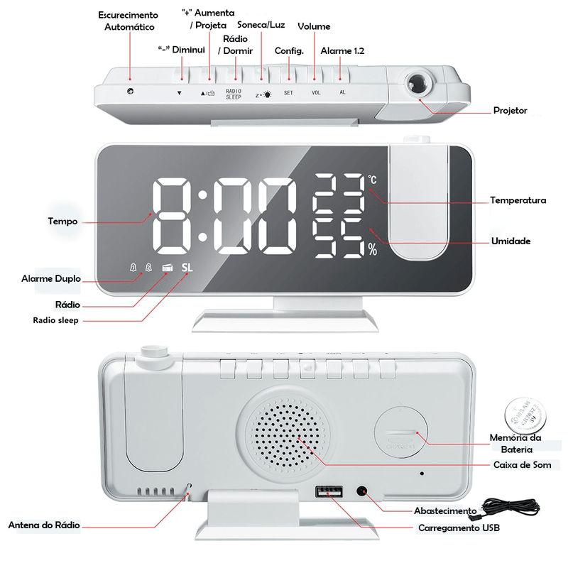 Despertador Digital com Projetor - Despertador Tech - tudokasa